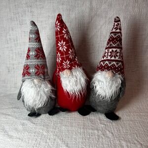 Set of 3 Christmas Gnomes‎ Stuffed Standing Holiday Nordic Red Gray 13.5"-14.5"H